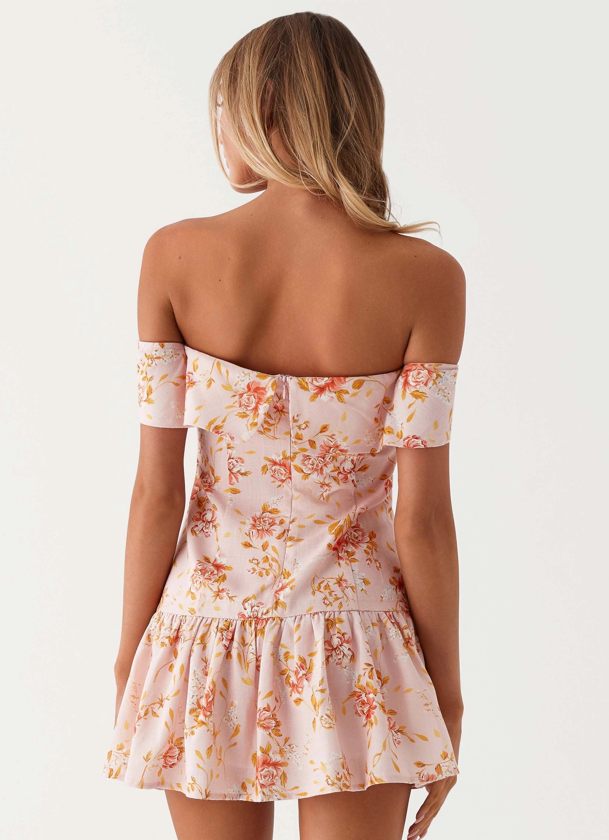 Aries Off Shoulder Linen Mini Dress - Pink Floral Sharp Look