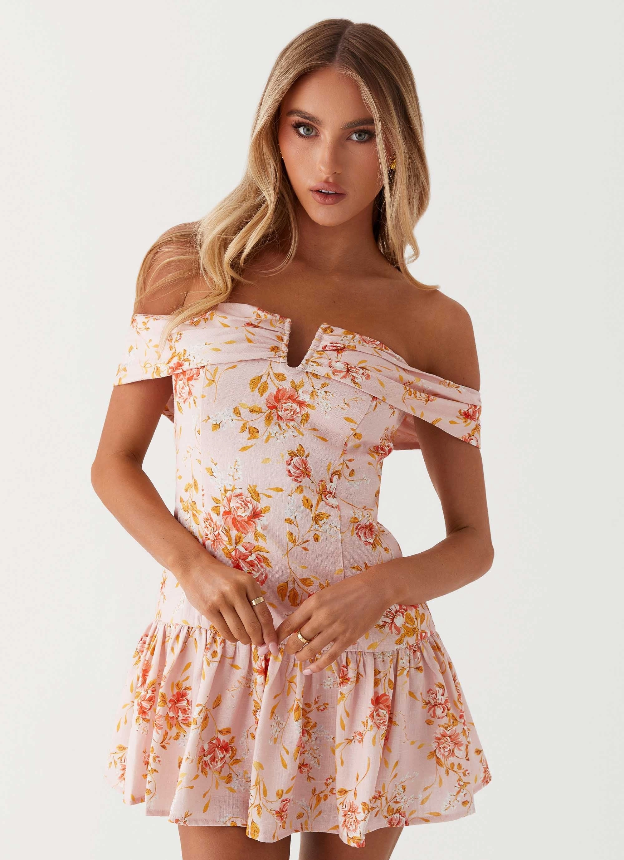 Sunset Hour Ready Anytime Aries Off Shoulder Linen Mini Dress - Pink Floral