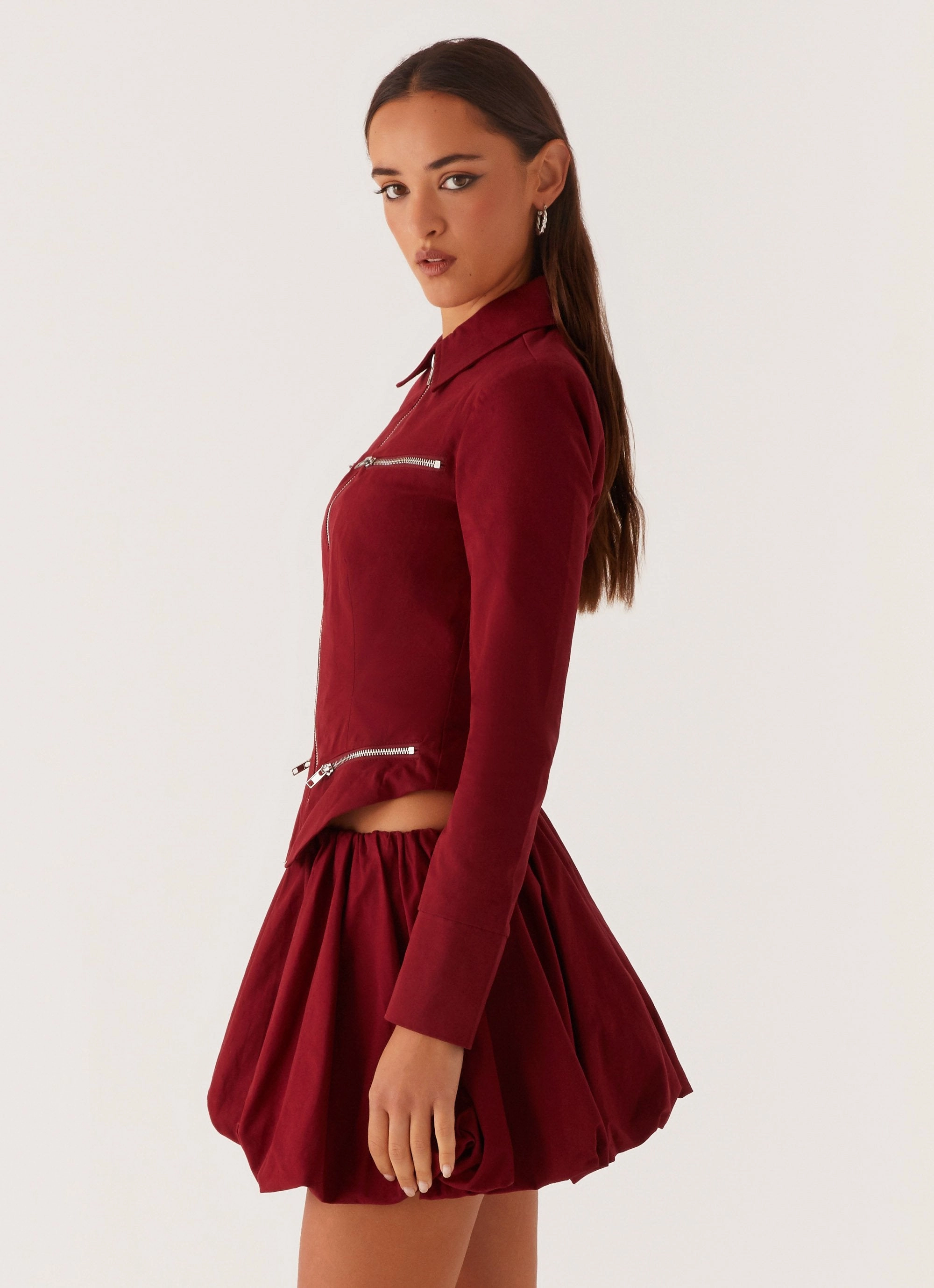 Petra Fitted Zip Top - Mulberry Minimalist Collar Anti Slip Shoulder Padding