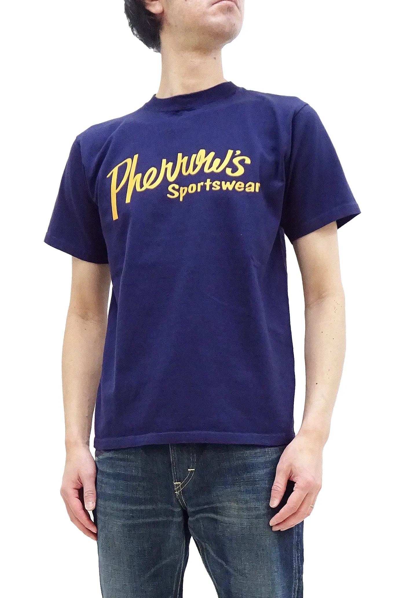 Pherrows T-Shirt Men's Short Sleeve Graphic Print Brand Logo Tee Pherrow's 24S-PT1 Navy-Blue