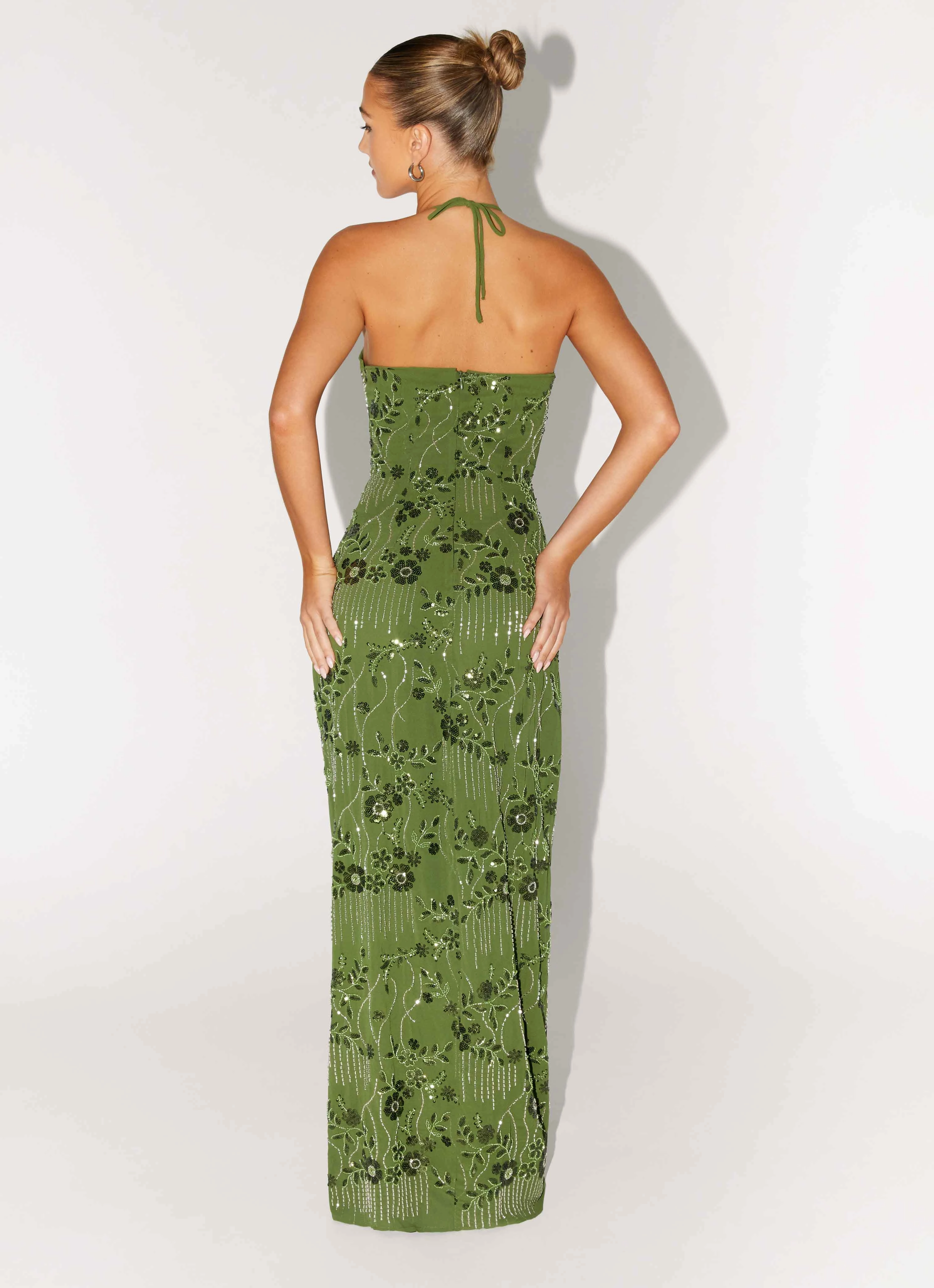 Phoenicia Beaded Maxi Dress - Khaki Mid Fit