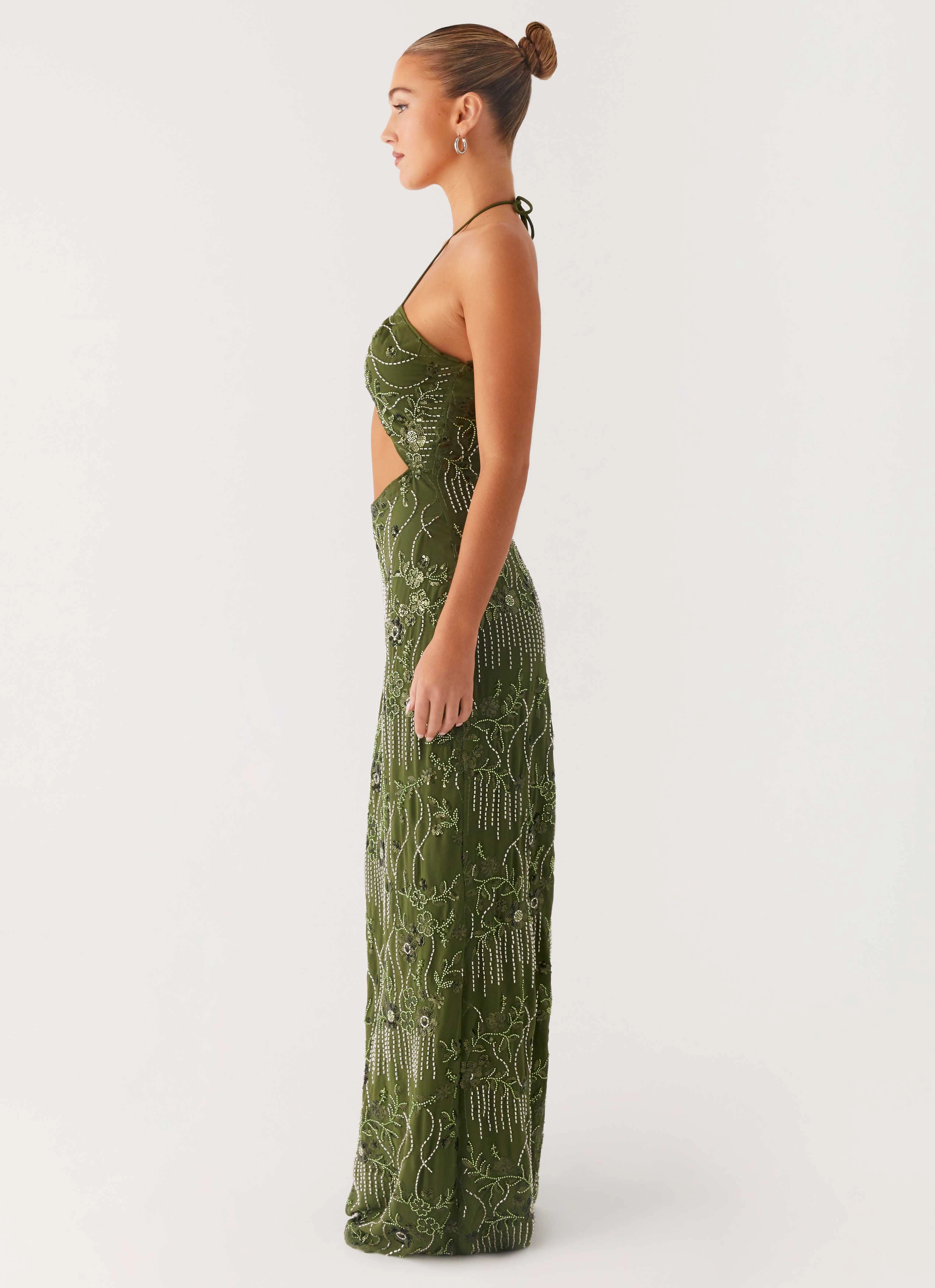 Light Fit Charming Design Phoenicia Beaded Maxi Dress - Khaki