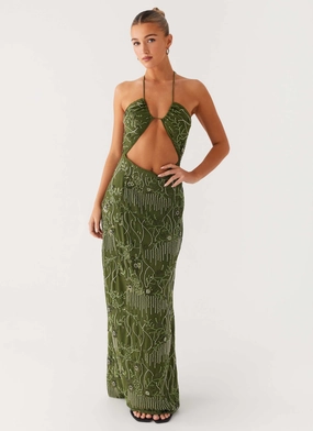 Phoenicia Beaded Maxi Dress - Khaki Tailored Elegance