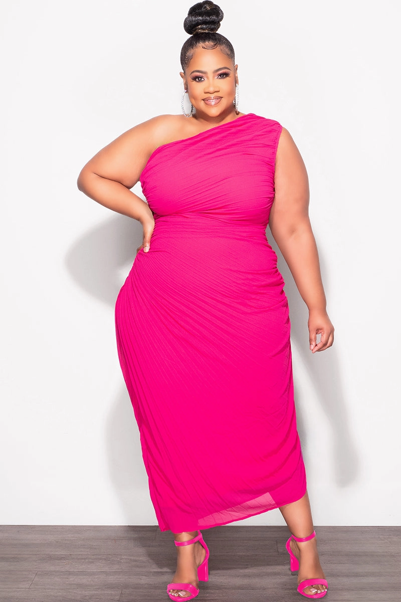 Final Sale Plus Size Sheer Chiffon One Shoulder Midi Dress with Ruched Sides in Pink Wrinkle-Resistant