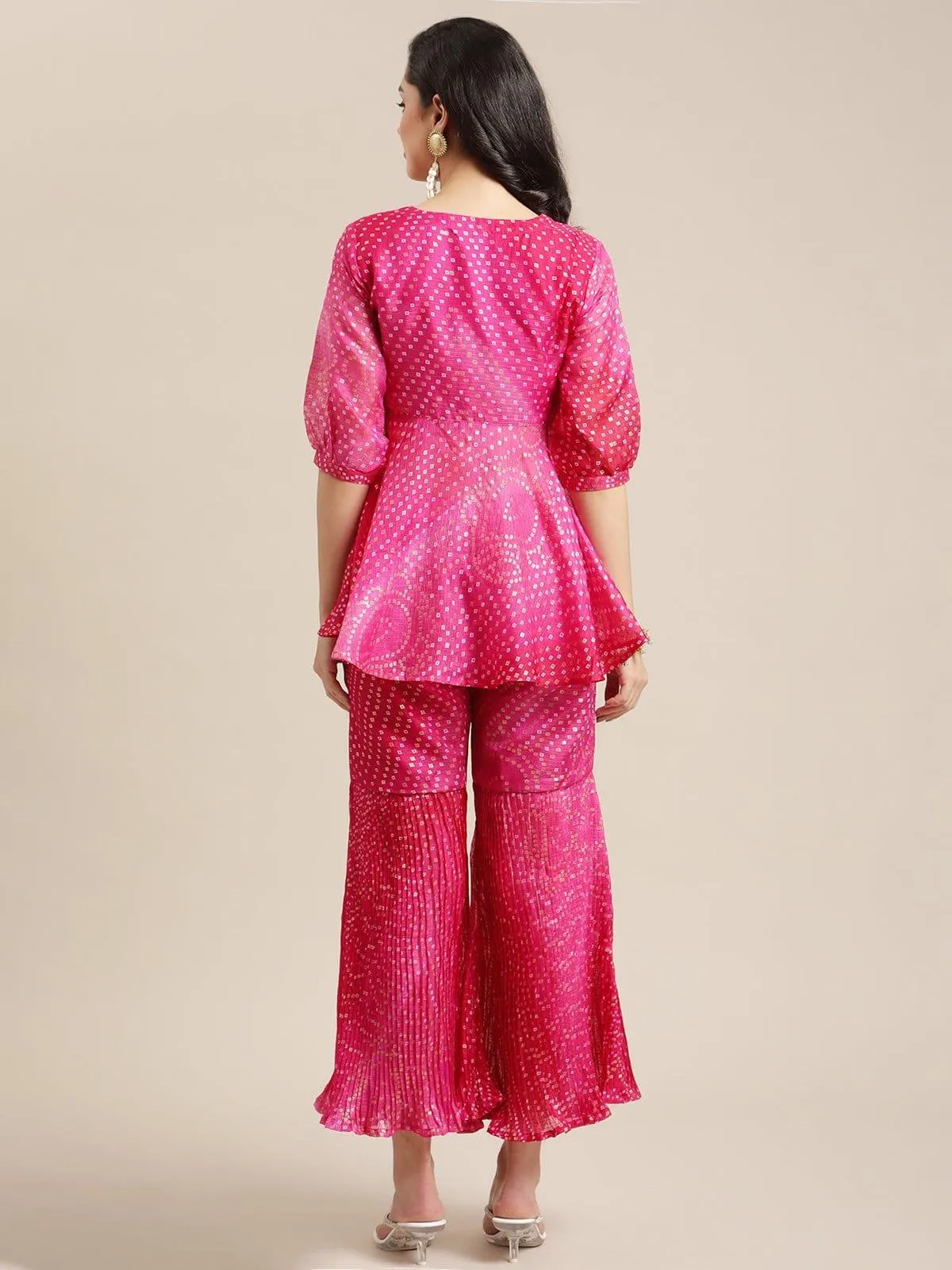 Pink Bandhej Flared Kurta Sharara Set With Gota Embellished On Yoke