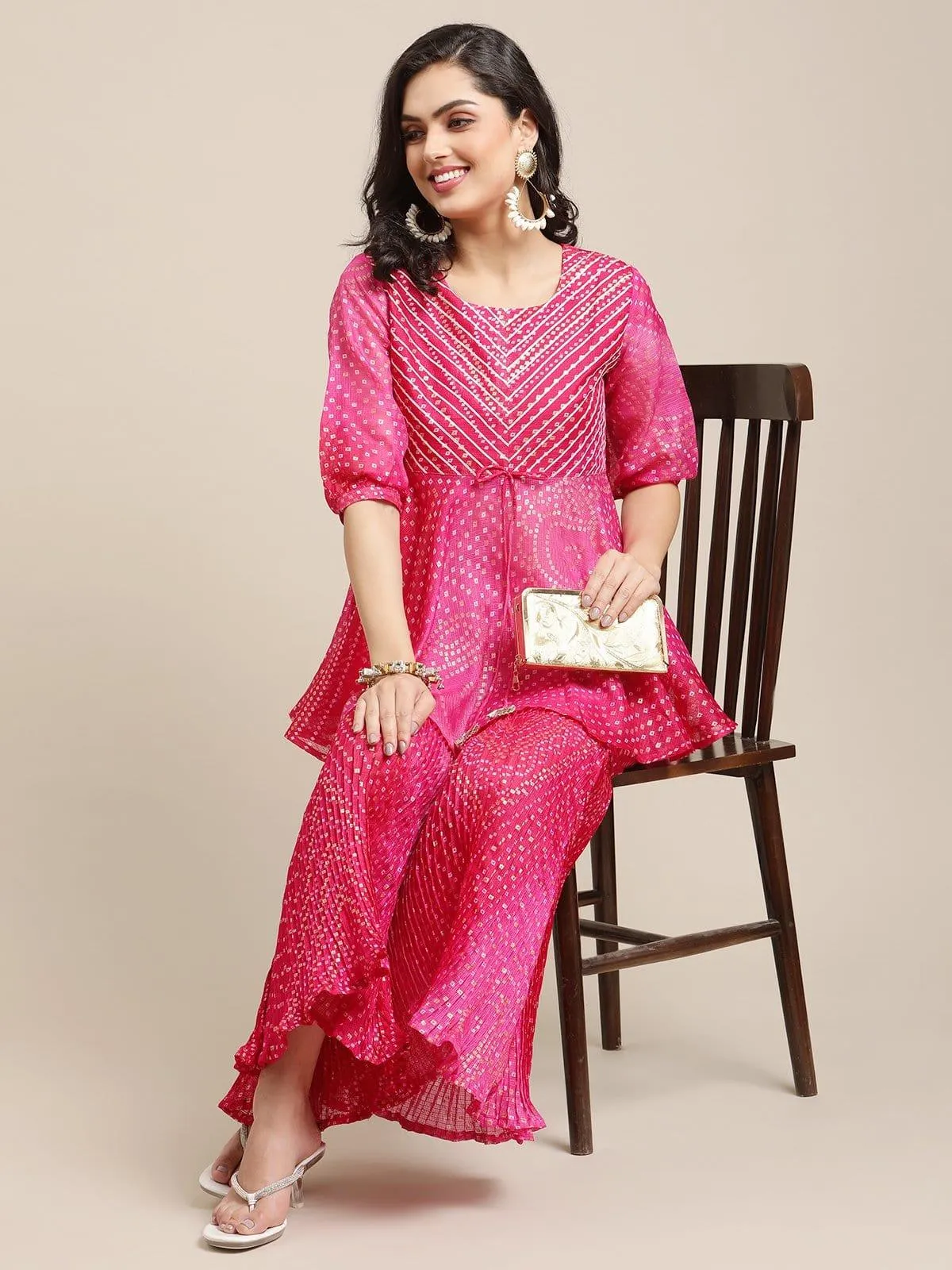 Pink Bandhej Flared Kurta Sharara Set With Gota Embellished On Yoke