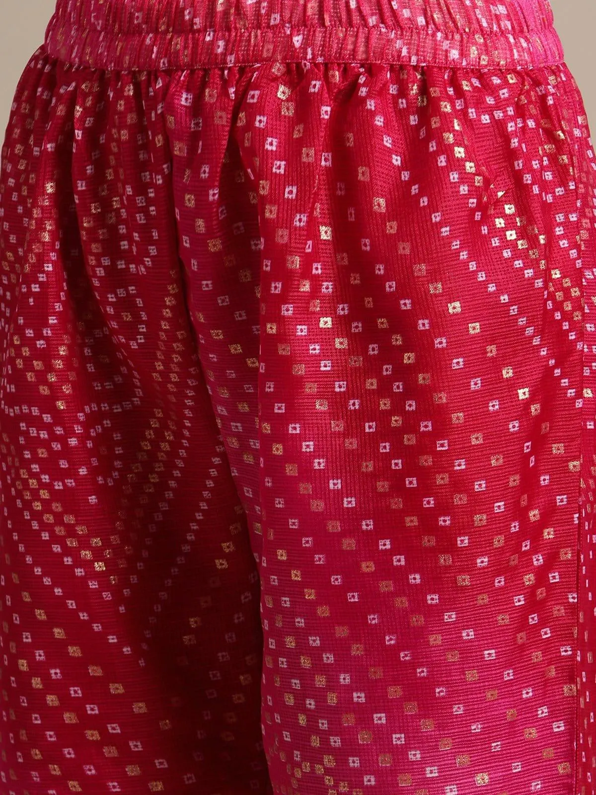 Pink Bandhej Flared Kurta Sharara Set With Gota Embellished On Yoke