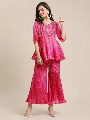 Pink Bandhej Flared Kurta Sharara Set With Gota Embellished On Yoke