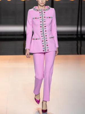 Pink Blazer Jacket with Jewellery Decor   Slim-Fit Cigarette Trousers Pants Suit