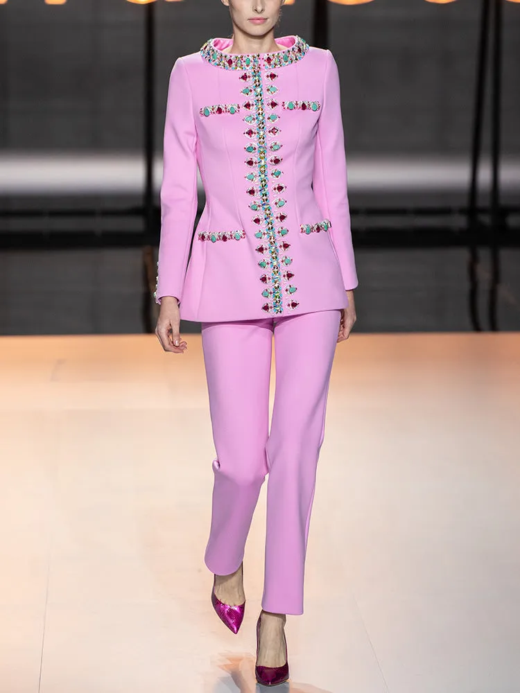 Pink Blazer Jacket with Jewellery Decor   Slim-Fit Cigarette Trousers Pants Suit
