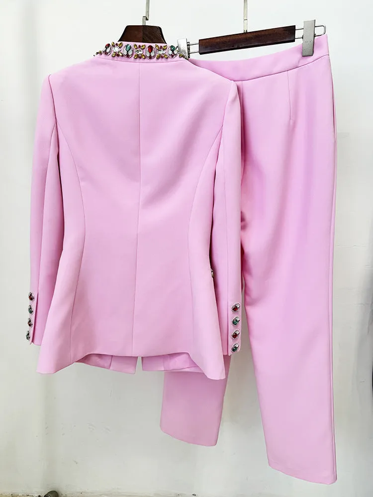 Pink Blazer Jacket with Jewellery Decor   Slim-Fit Cigarette Trousers Pants Suit