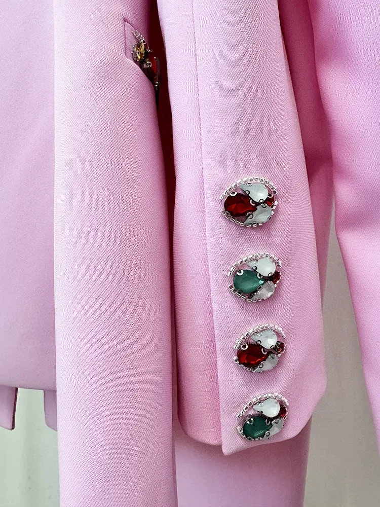 Pink Blazer Jacket with Jewellery Decor   Slim-Fit Cigarette Trousers Pants Suit