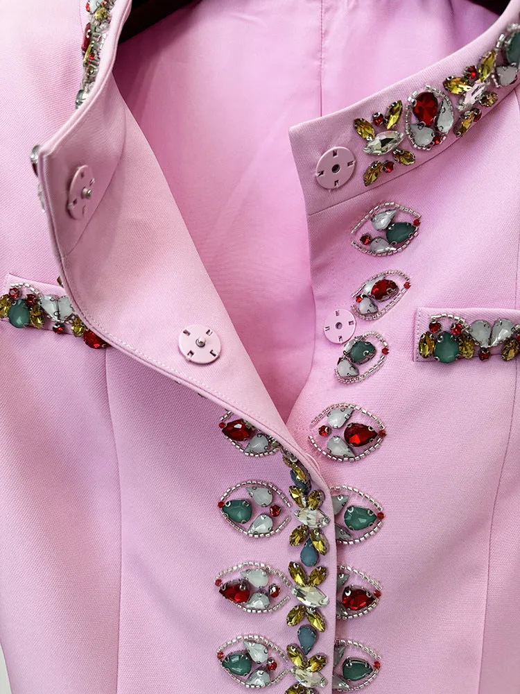 Pink Blazer Jacket with Jewellery Decor   Slim-Fit Cigarette Trousers Pants Suit