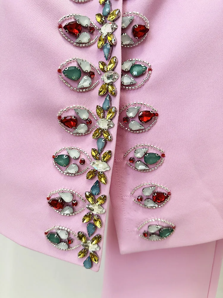 Pink Blazer Jacket with Jewellery Decor   Slim-Fit Cigarette Trousers Pants Suit