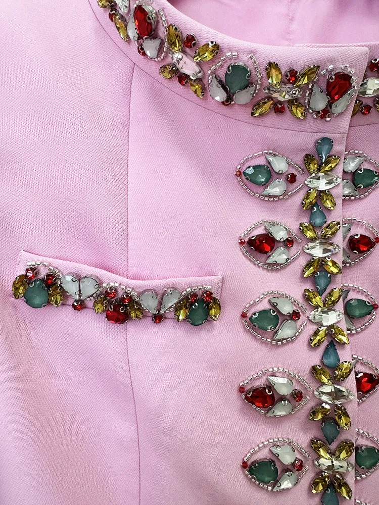 Pink Blazer Jacket with Jewellery Decor   Slim-Fit Cigarette Trousers Pants Suit