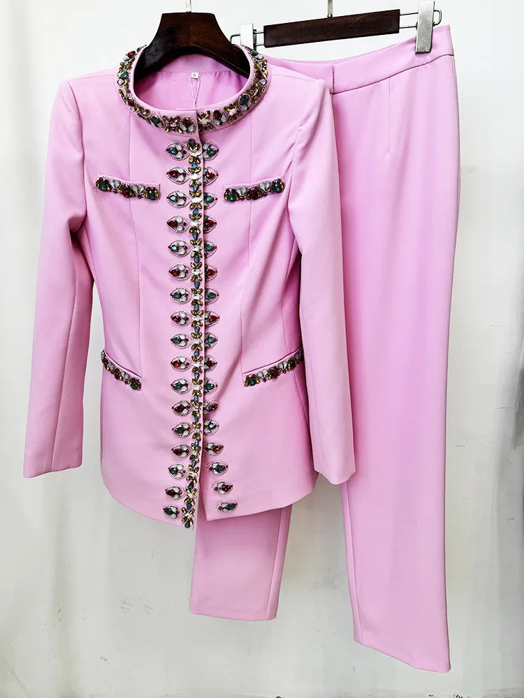 Pink Blazer Jacket with Jewellery Decor   Slim-Fit Cigarette Trousers Pants Suit