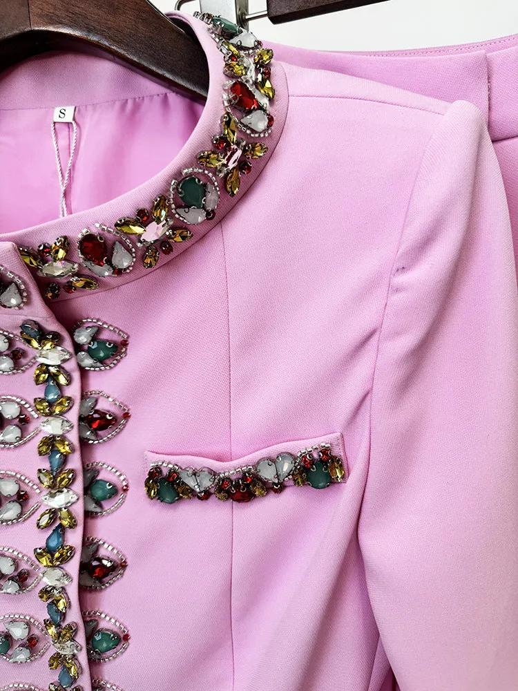Pink Blazer Jacket with Jewellery Decor   Slim-Fit Cigarette Trousers Pants Suit