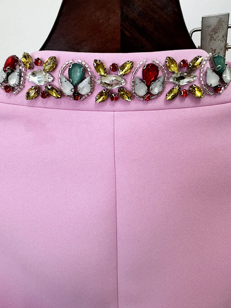 Pink Blazer Jacket with Jewellery Decor   Slim-Fit Cigarette Trousers Pants Suit