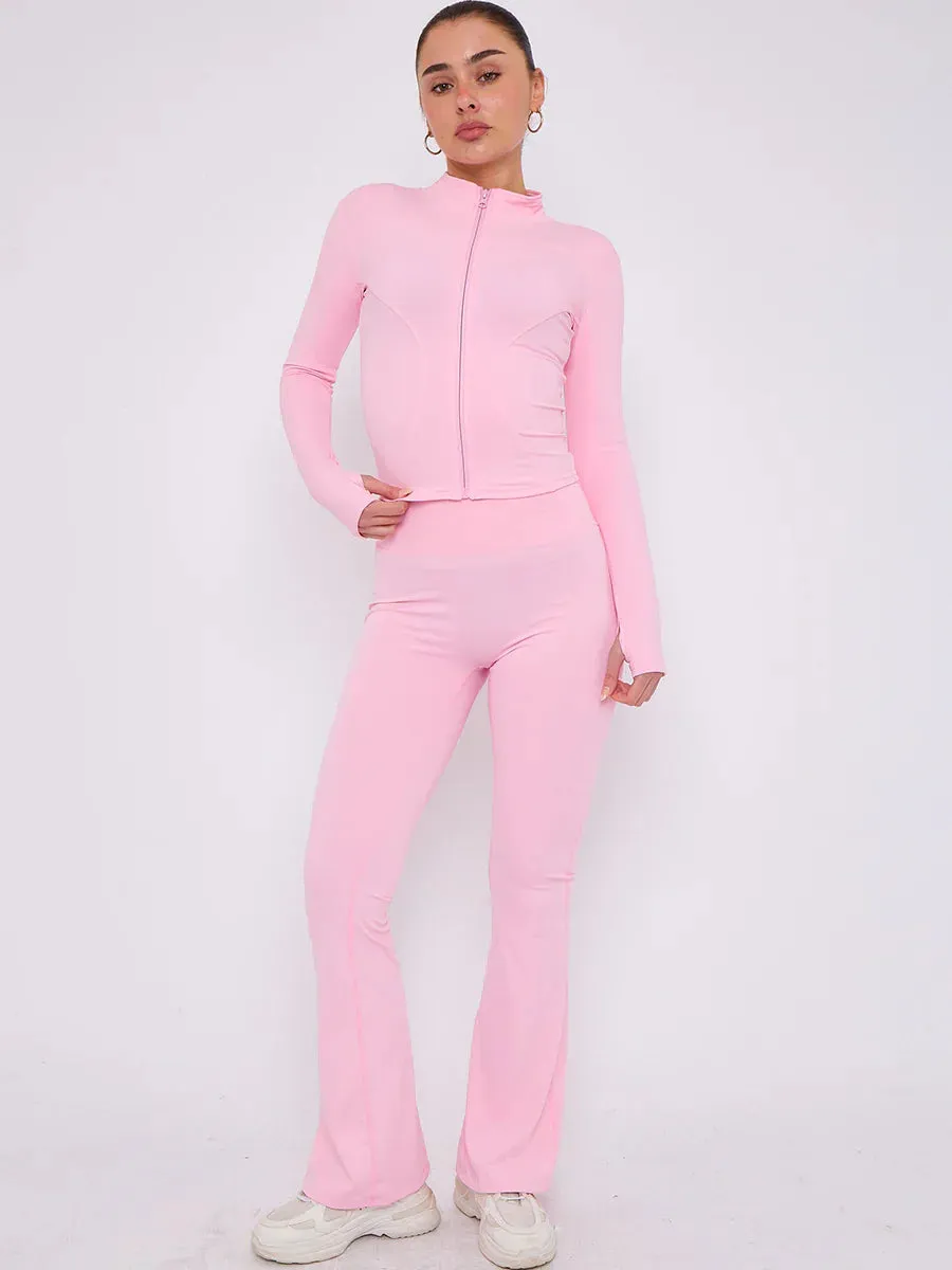 Pink Buttery Soft Ruched Contour Flare Trousers and Sports Jacket Co-Ord