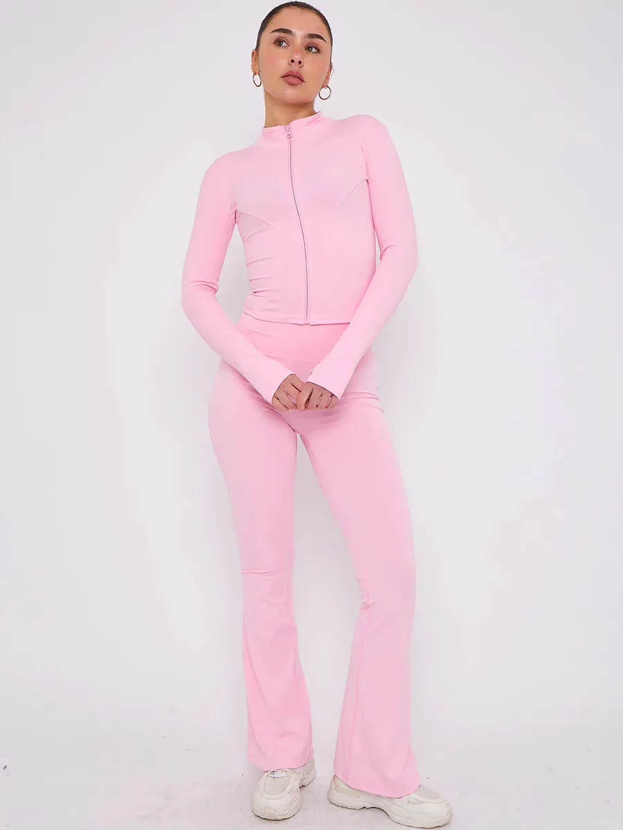 Pink Buttery Soft Ruched Contour Flare Trousers and Sports Jacket Co-Ord