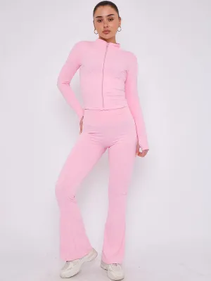 Pink Buttery Soft Ruched Contour Flare Trousers and Sports Jacket Co-Ord