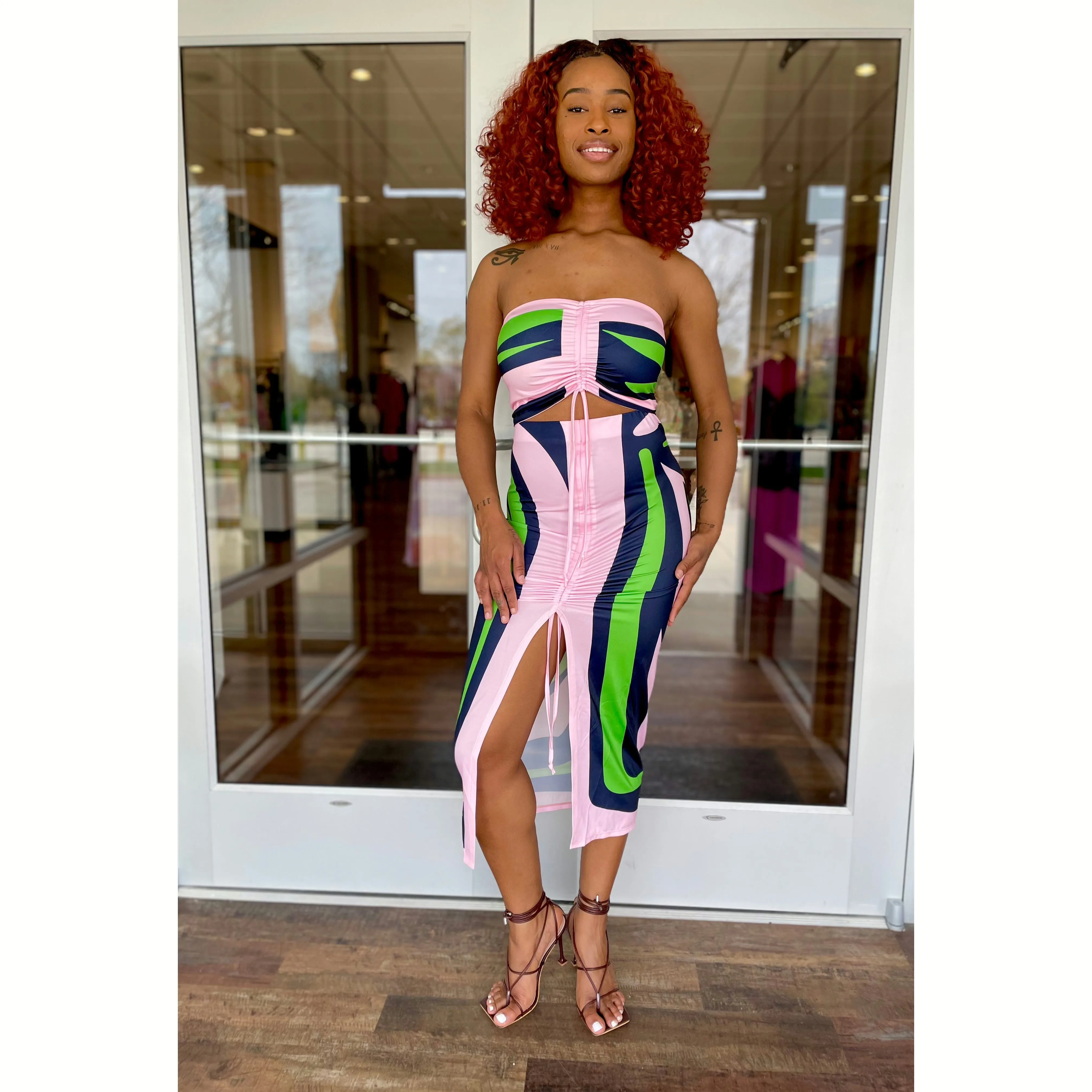 Pink Pull String Midi Skirt Set