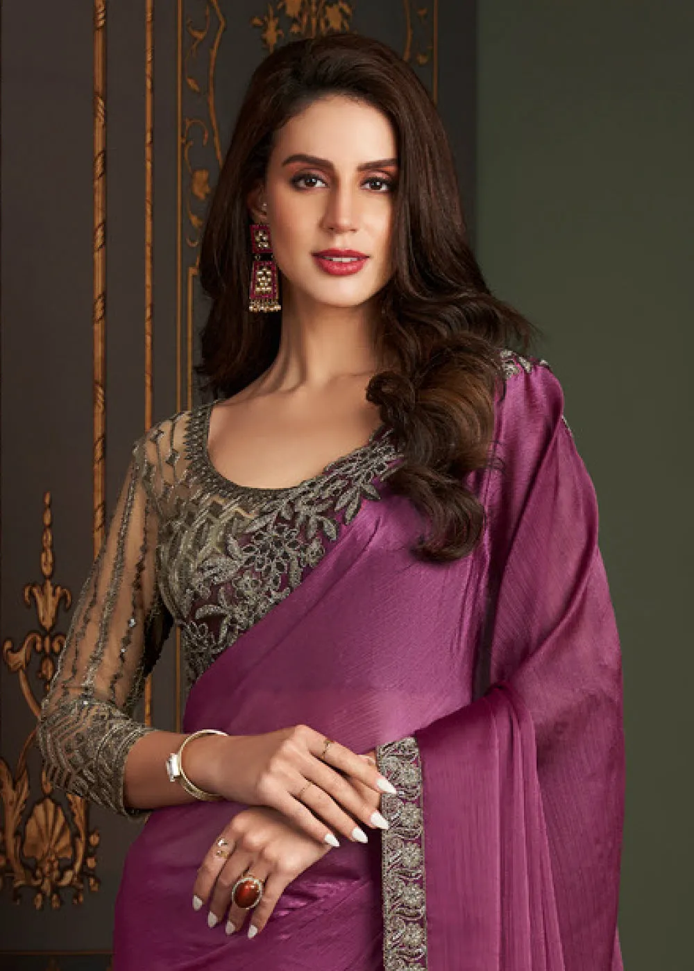 Pinkish Purple Designer Embroidered Chiffon Silk Saree