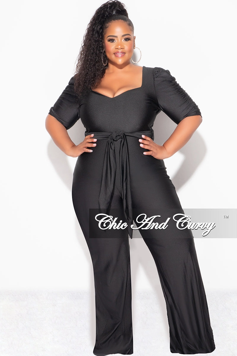 Structured Shoulder RaglanSleeve Final Sale Plus Size Shiny Jumpsuit with Ruched Sleeves in Black