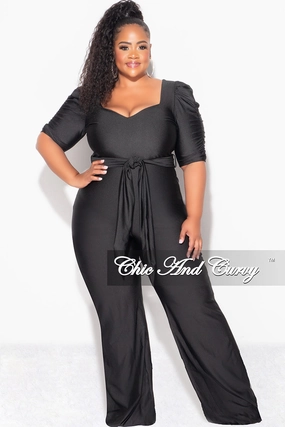 Microfiber Technology Structured Shoulder Final Sale Plus Size Shiny Jumpsuit with Ruched Sleeves in Black