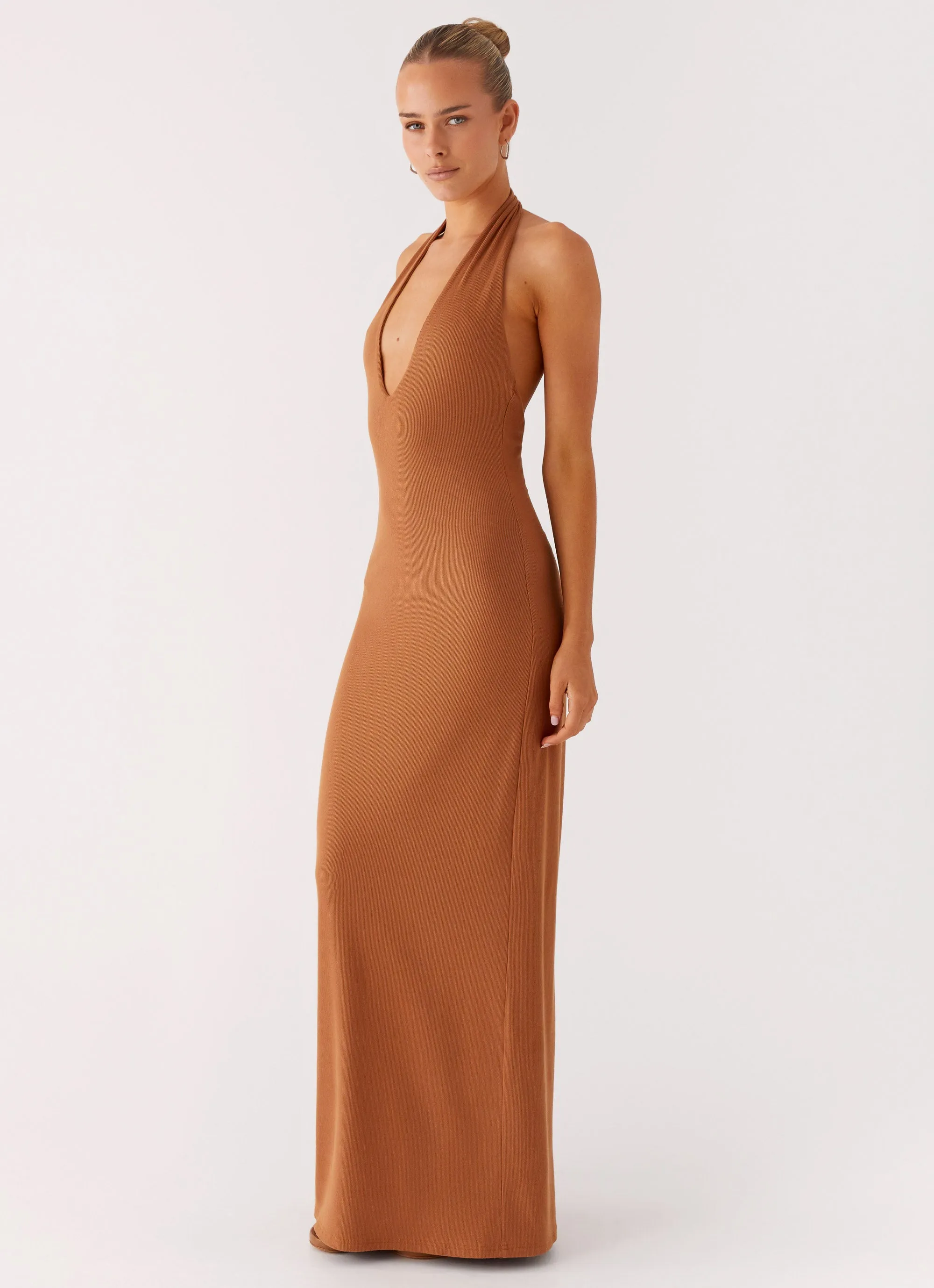 Classic Appeal Warm Base Plunge For You Maxi Dress - Tan