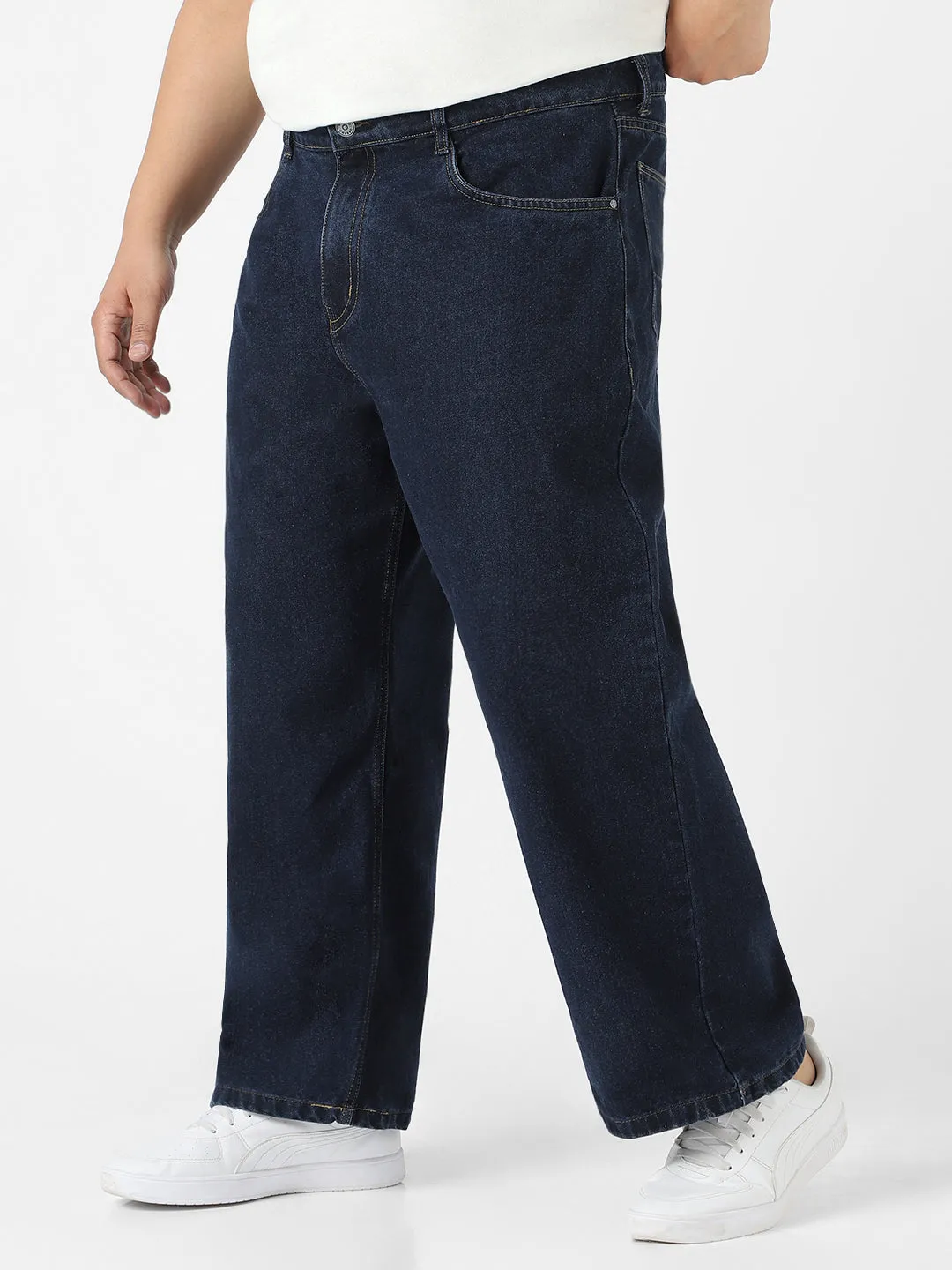 Plus Men's Dark Blue Loose Baggy Fit Washed Jeans Non-Stretchable