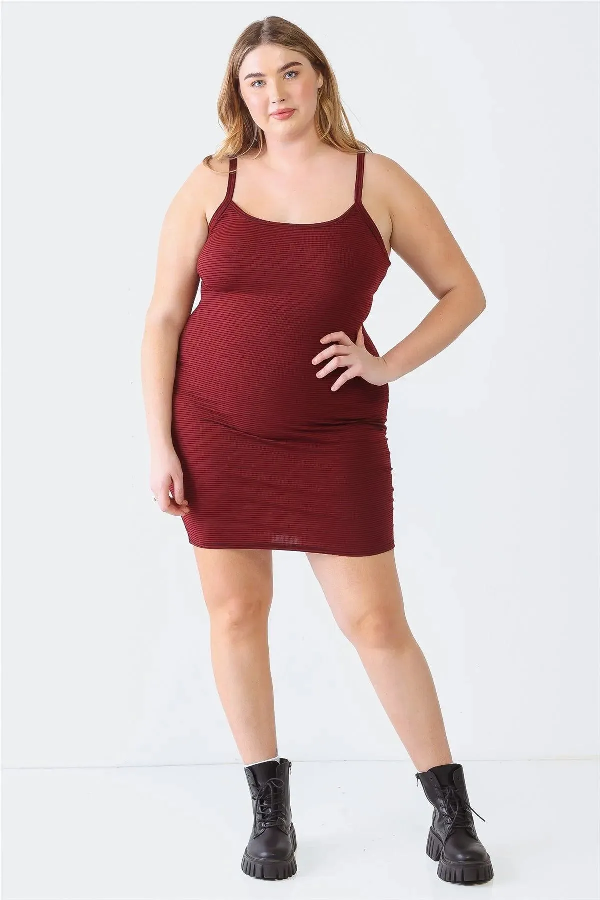 Plus Size Burgundy Stripe Print Mini Dress