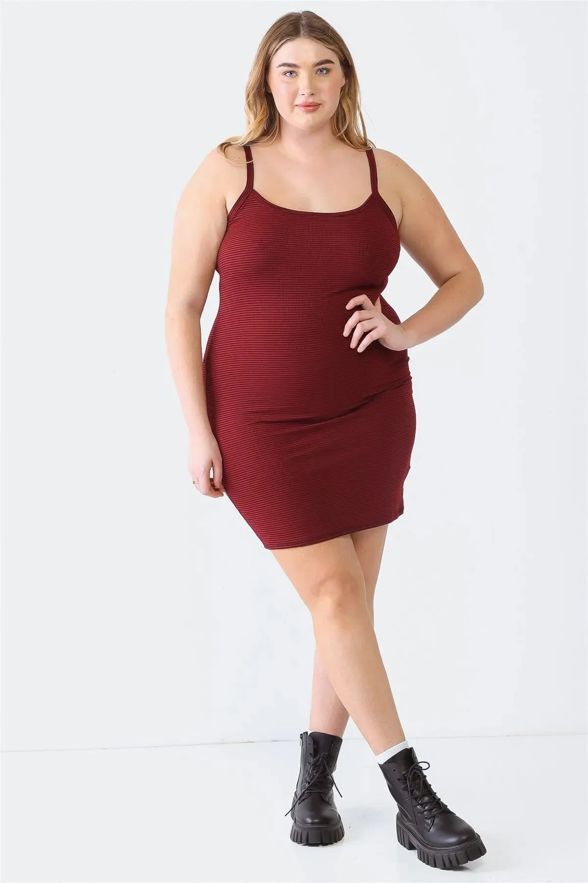 Plus Size Burgundy Stripe Print Mini Dress