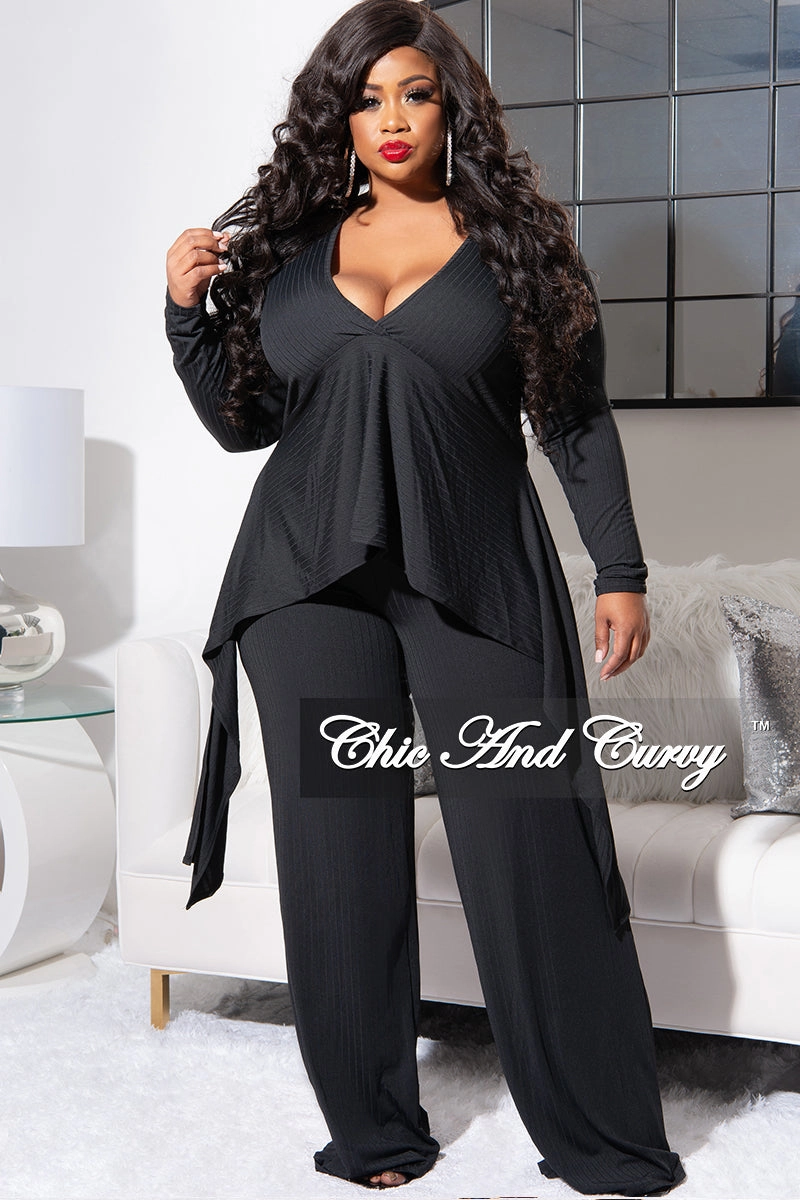 Final Sale Plus Size Ribbed 2pc Set with Peplum Front and Crop Back Top & Pants in Black Flexible Performance