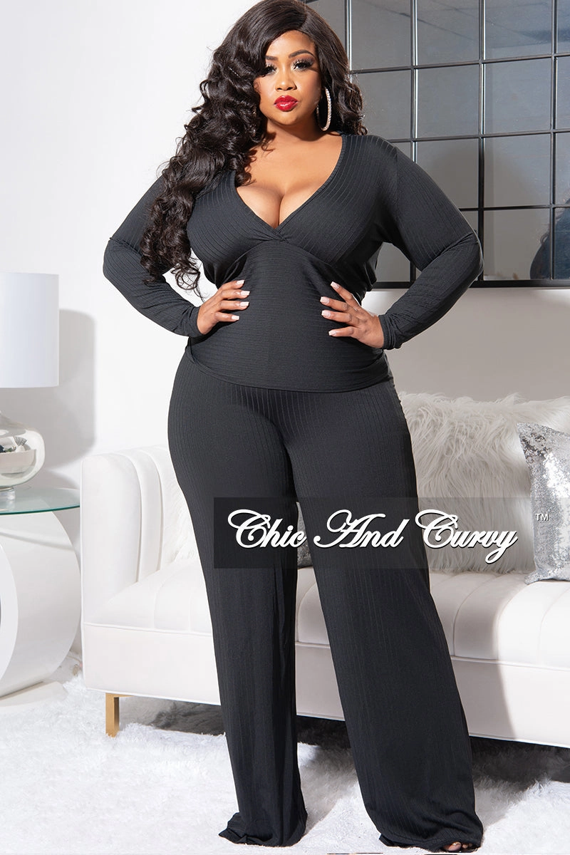 Final Sale Plus Size Ribbed 2pc Set with Peplum Front and Crop Back Top & Pants in Black Flat Seams Tagless Labeling