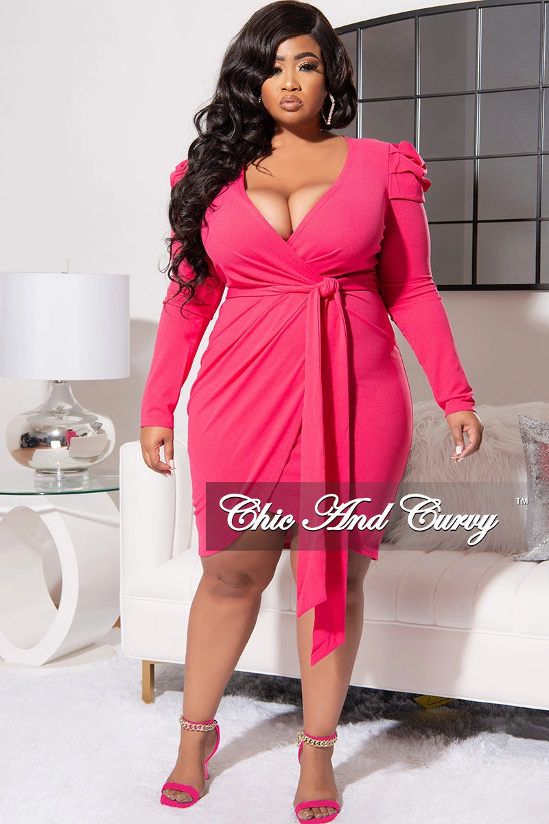Stain Resistant Weave Final Sale Plus Size Padded Shoulder Wrap Midi Dress in Hot Pink