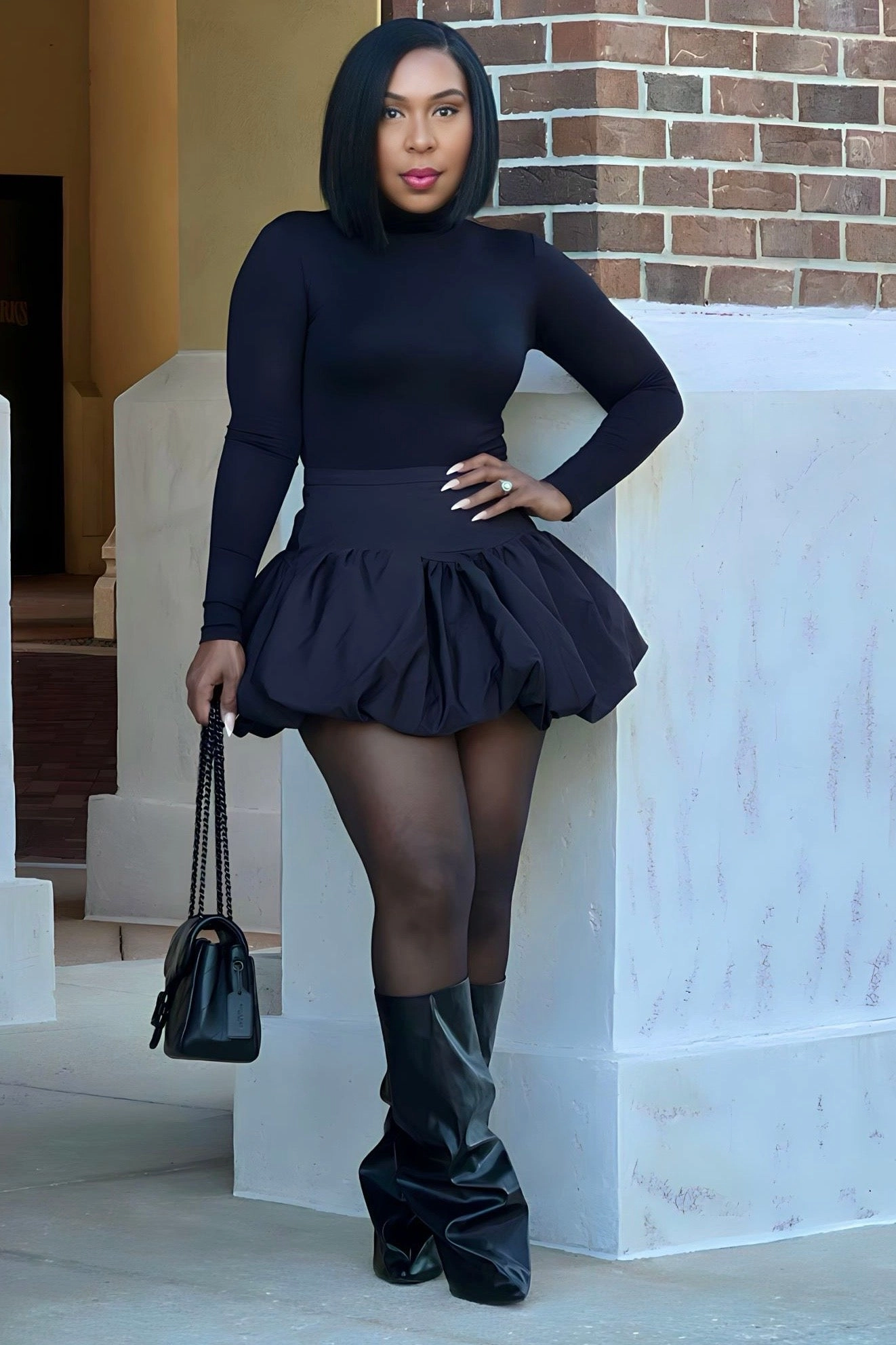 Hilary Bubble Hem Mini Skirt- Black Soft Structure