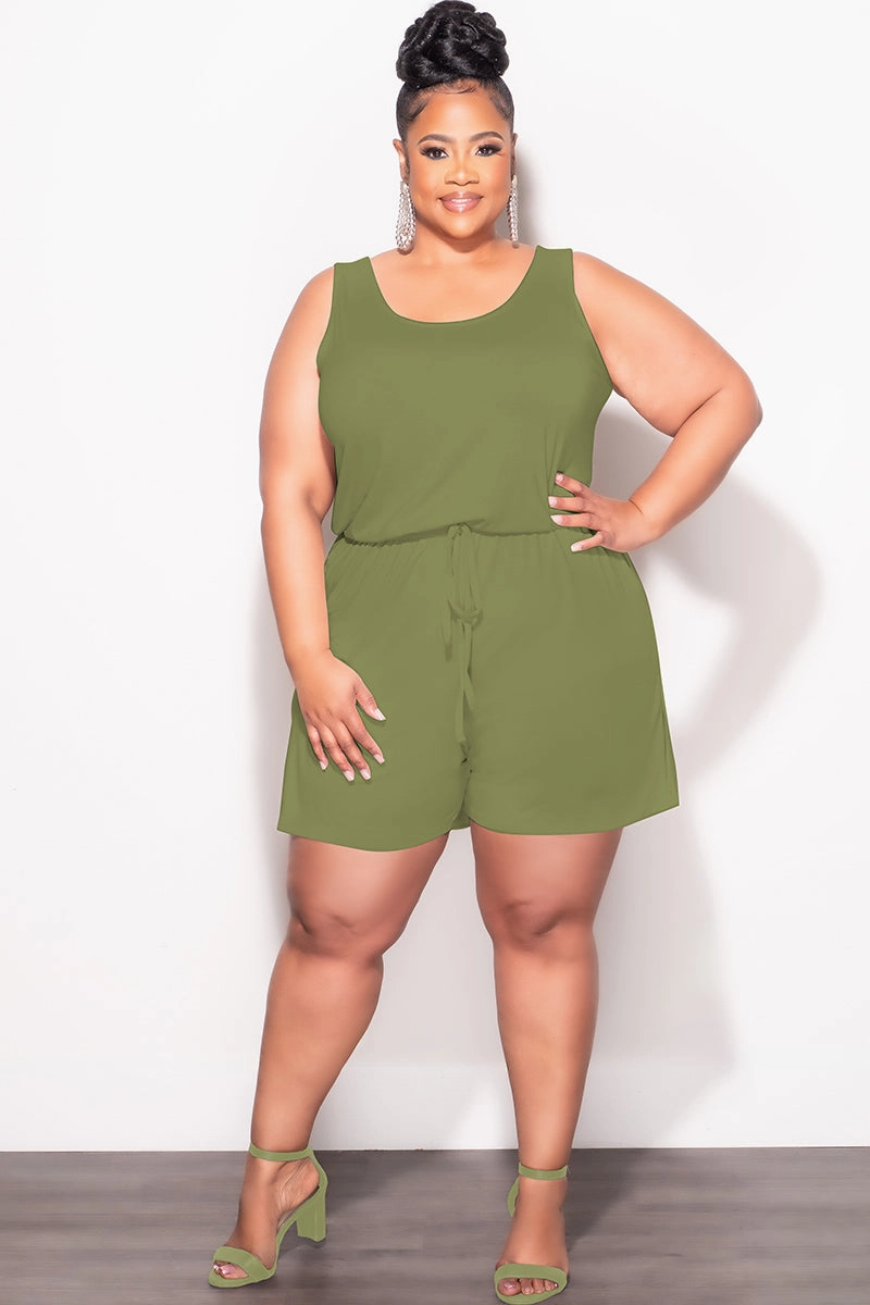 Final Sale Plus Size Sleeveless French Terry V Neck Romper in Olive Quick Dry Fabric Heat Control