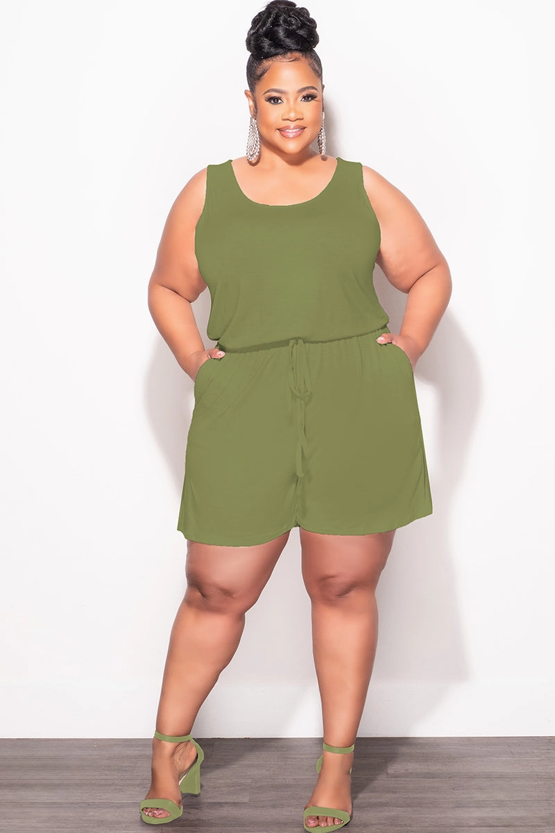 Final Sale Plus Size Sleeveless French Terry V Neck Romper in Olive Comfortable Fashion
