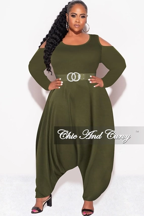 Final Sale Plus Size Cold Shoulder Harem Jumpsuit in Olive Flexible Waist