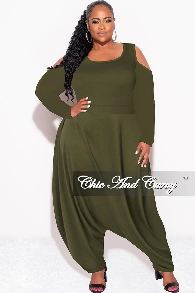 Final Sale Plus Size Cold Shoulder Harem Jumpsuit in Olive Minimalist Fit All Fit