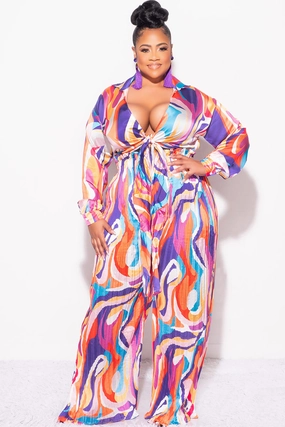 Final Sale Plus Size 2pc Satin Collar Tie Crop Top and Palazzo Pleated Pants in Multi Color Design Print Breathable Layer Fit