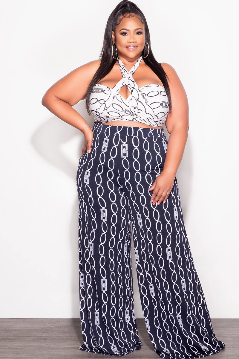 Moisture control Final Sale Plus Size 2pc Set Black & White Self Tie Top & Pants in Navy & White Chain Print