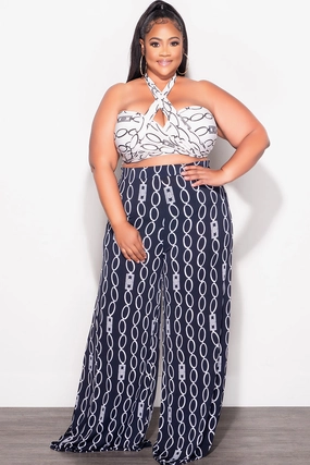 Relaxed Comfort Wear Final Sale Plus Size 2pc Set Black & White Self Tie Top & Pants in Navy & White Chain Print