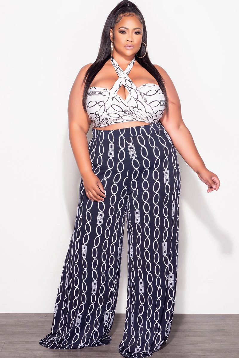 Stretch Support Fit Control Final Sale Plus Size 2pc Set Black & White Self Tie Top & Pants in Navy & White Chain Print