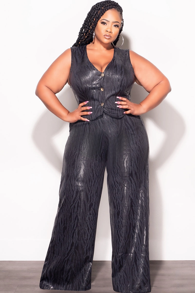 Quick Dry Fit Corduroy texture Final Sale Plus Size 2pc Sleeveless Blazer Vest and Pants Set in Black Snake Print