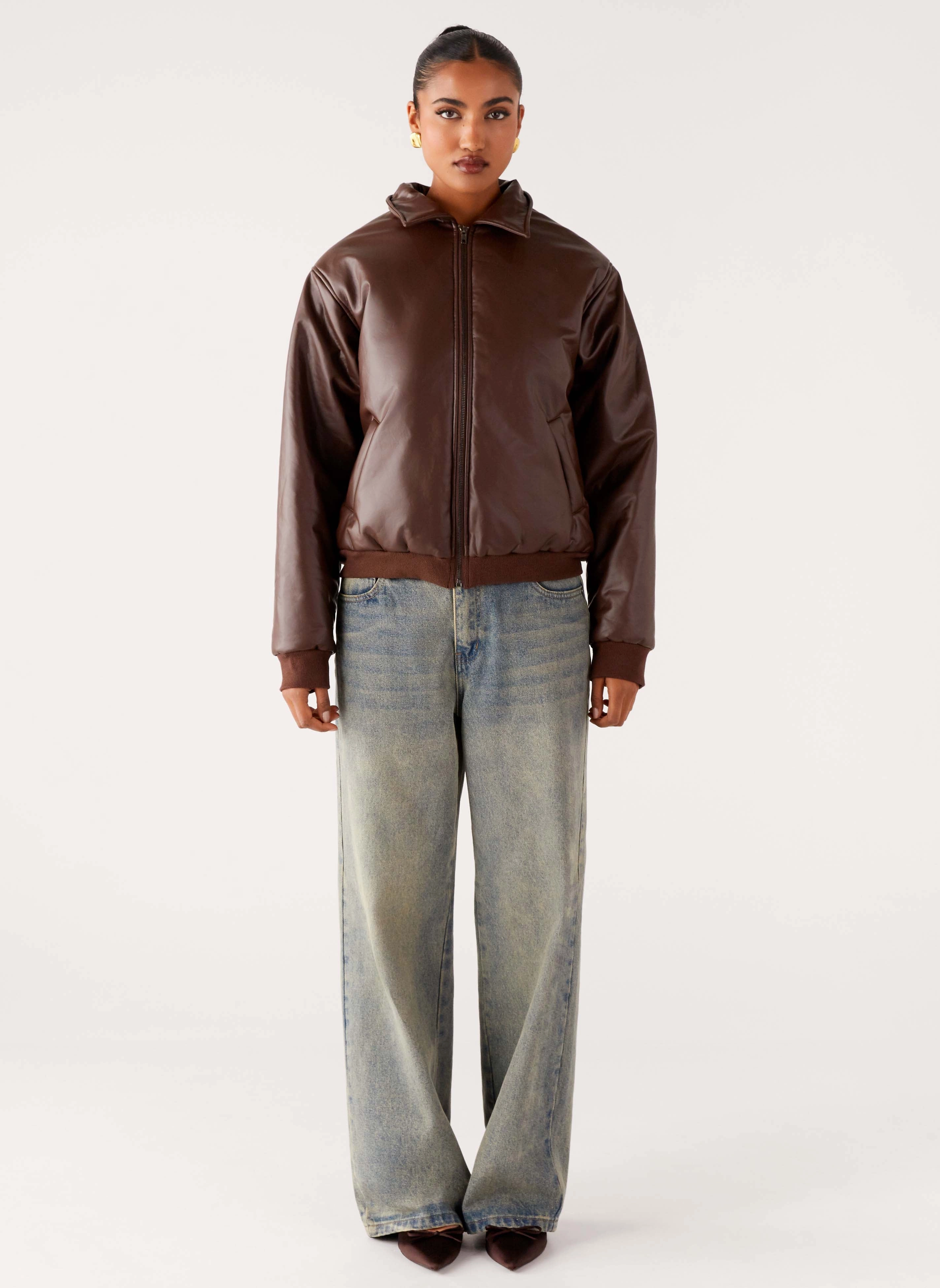 Outlands Faux Leather Bomber Jacket - Chocolate Flexible Shoulder Gussets