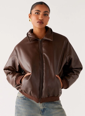 Cuffs Adjust Minimalist Design Outlands Faux Leather Bomber Jacket - Chocolate
