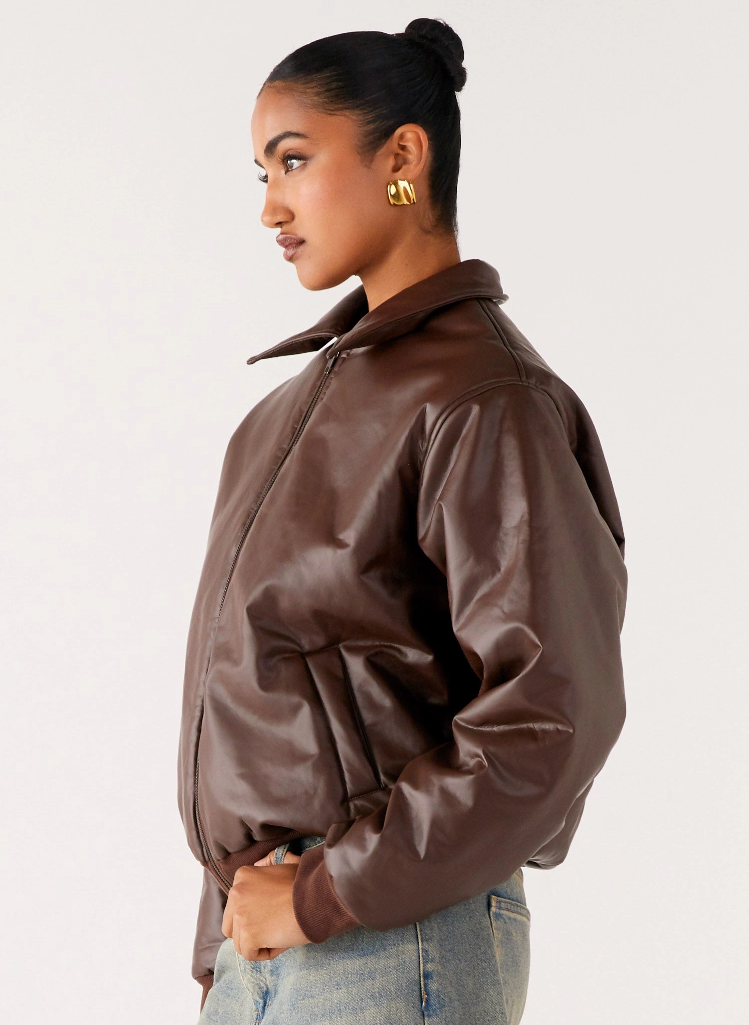 Outlands Faux Leather Bomber Jacket - Chocolate Light Diffusing Fabric