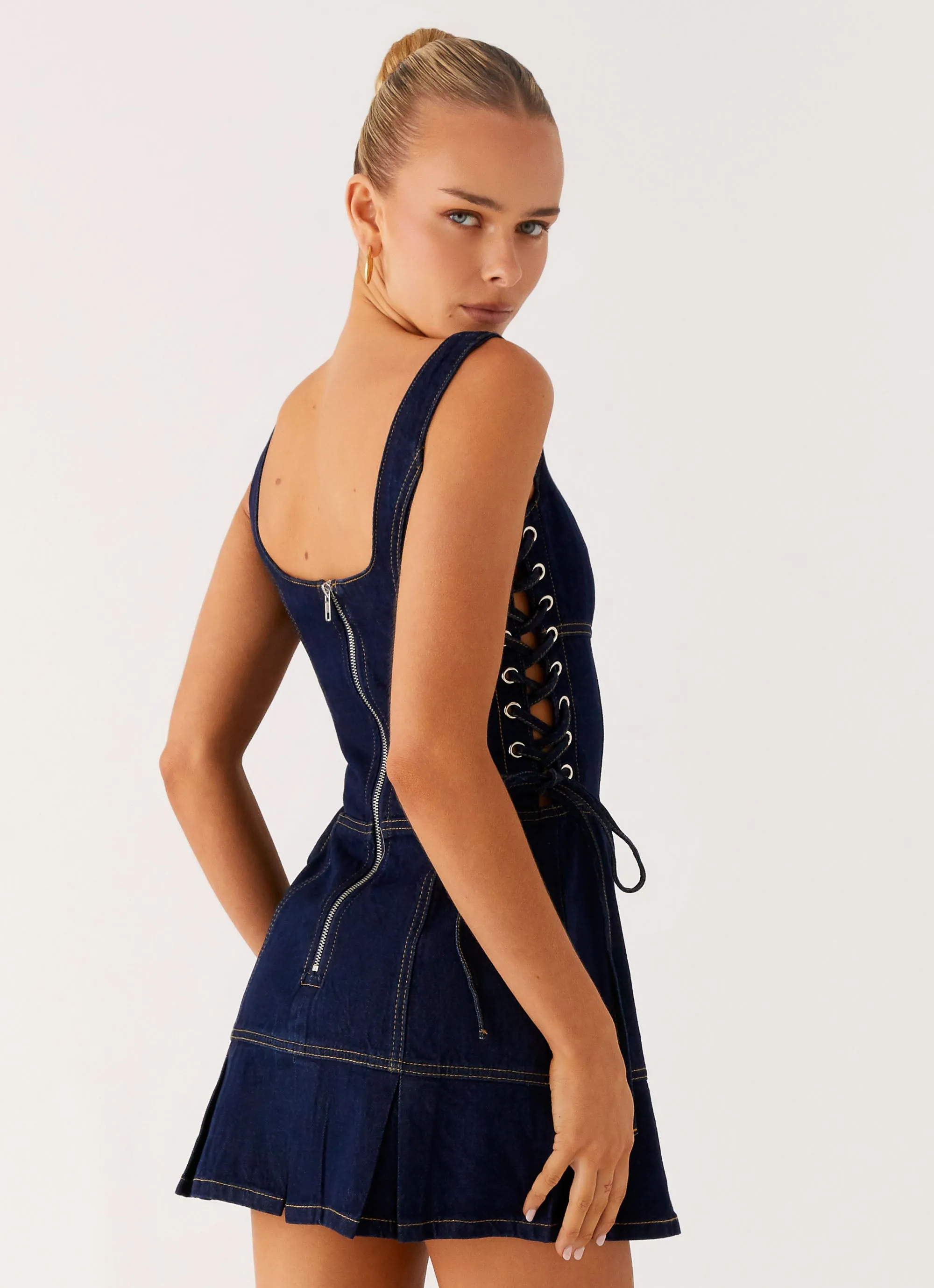 Preston Mini Dress - Indigo Embroidered-Detail